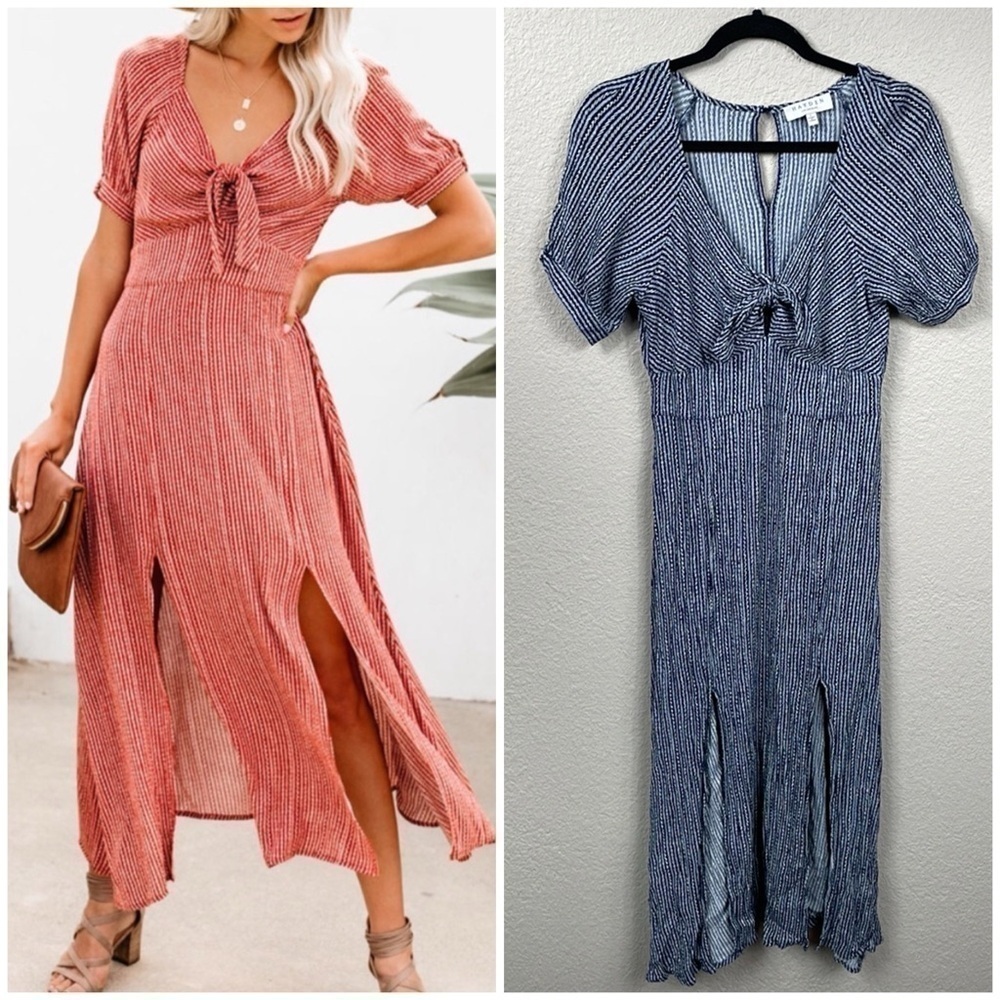 Hayden Vici Artemis Tie Front Navy White Stripe Midi Dress Short Sleeve Sz L